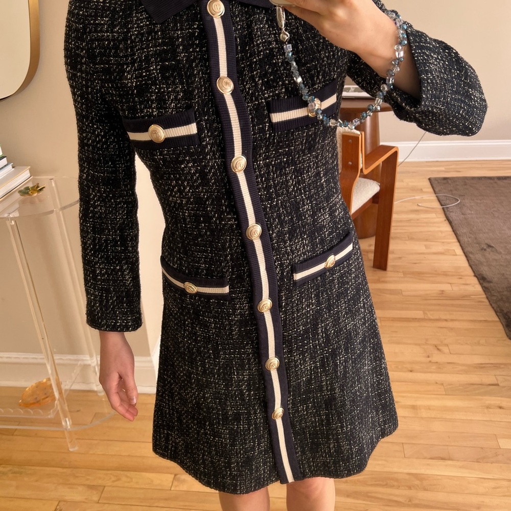 Maje Navy and White Tweed Dress with Silver Buttons